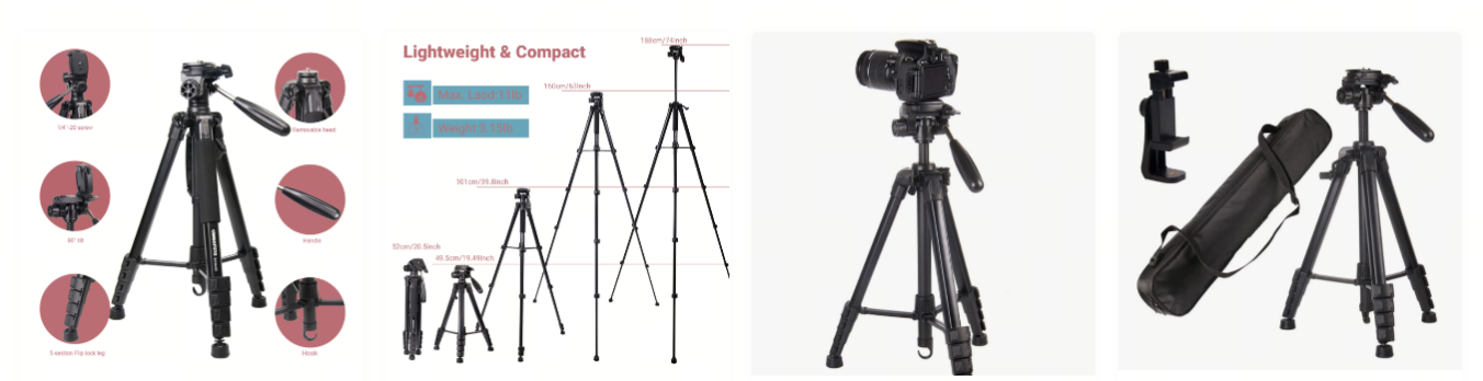 HONGHETONG product family — tripod details, height comparison, camera setup, and portable kit